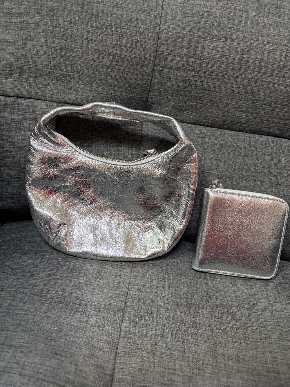 Madewell Silver Metallic Mini Hobo Bag with Matching Silver Wallet